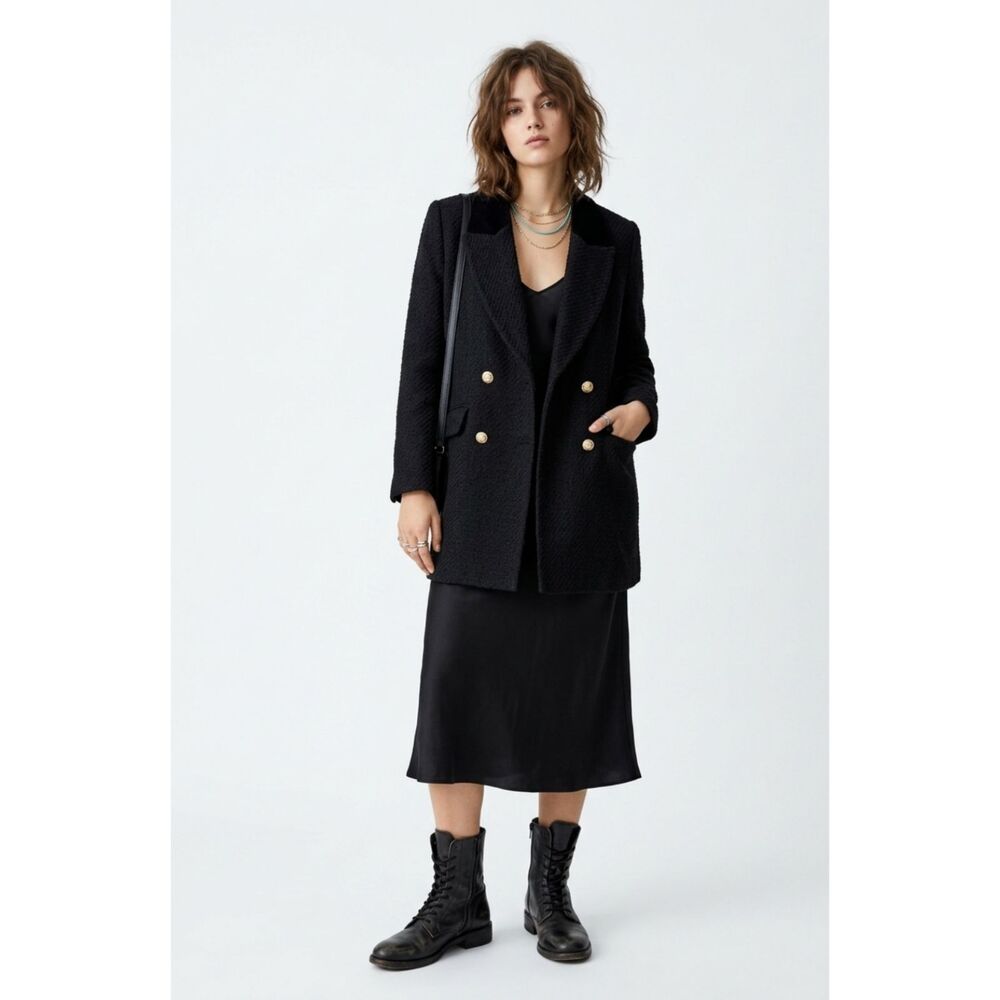 Zara Black Textured Tweed Double Breasted Blazer Coat Gold Lion Buttons S